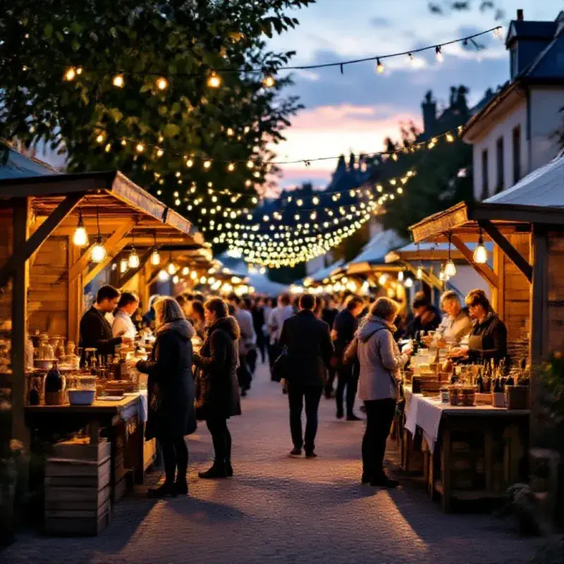 Champagne village fête with outdoor wooden market stalls