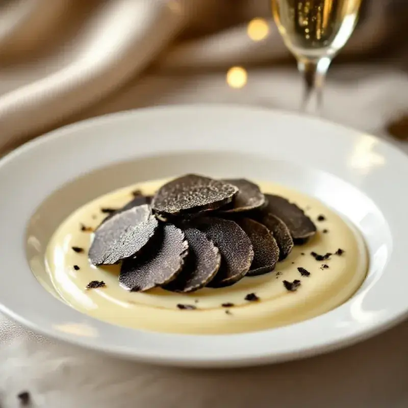 A gorgeous plated dish of sliced black truffle over a