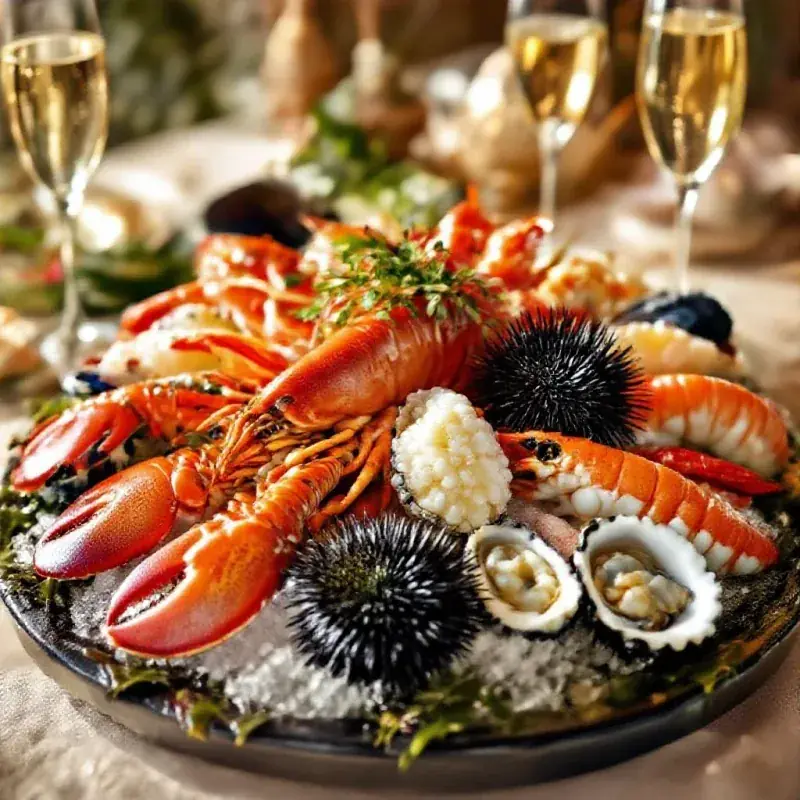 A whole platter of mixed seafood, lobster claw