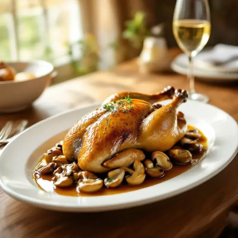 A perfectly roasted poularde or guinea fowl glazed in golden