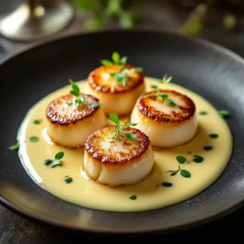 Pan-seared scallops with golden crust plated with champagne beurre blanc