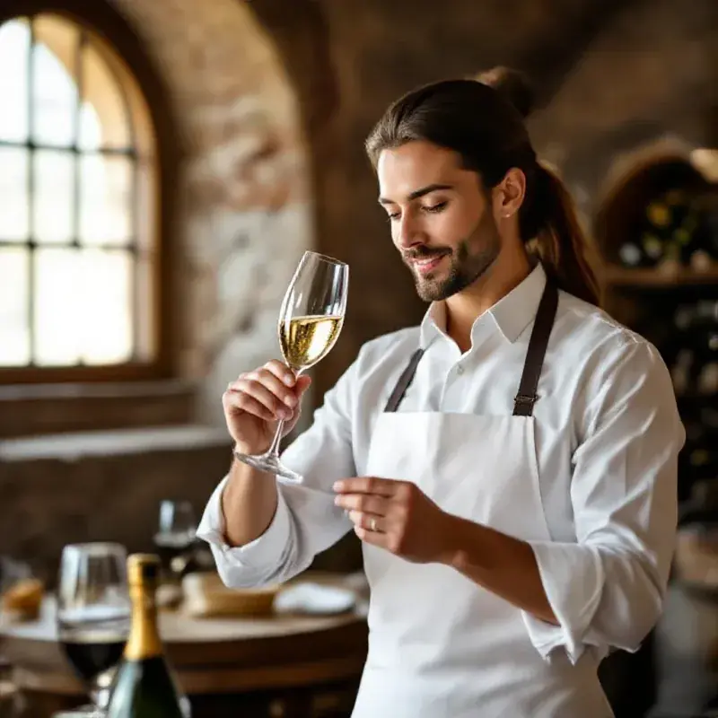 Expert sommelier swirling a champagne flute with focused concentration during