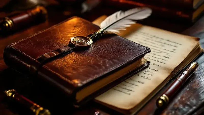 An old leather-bound journal lying open on a dark oak
