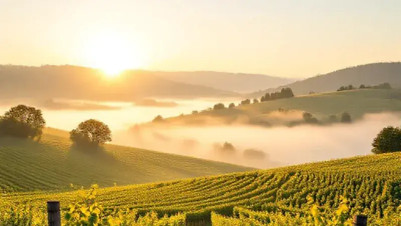 A misty champagne vineyard at dawn