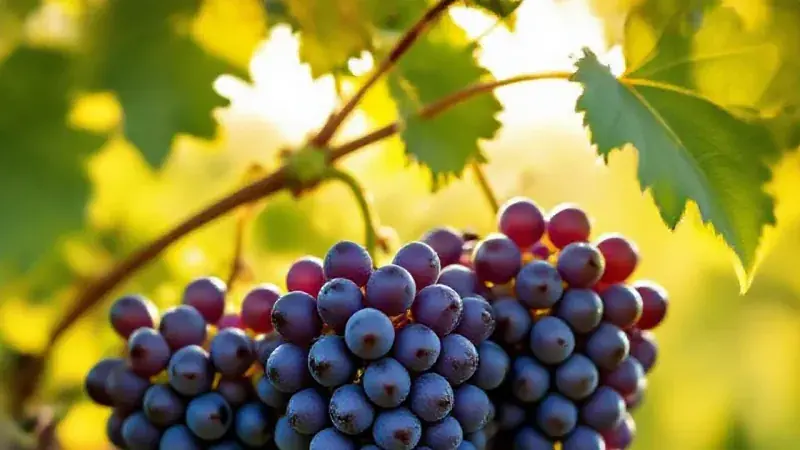 Close-up of ripe purple Pinot Noir grape clusters hanging on