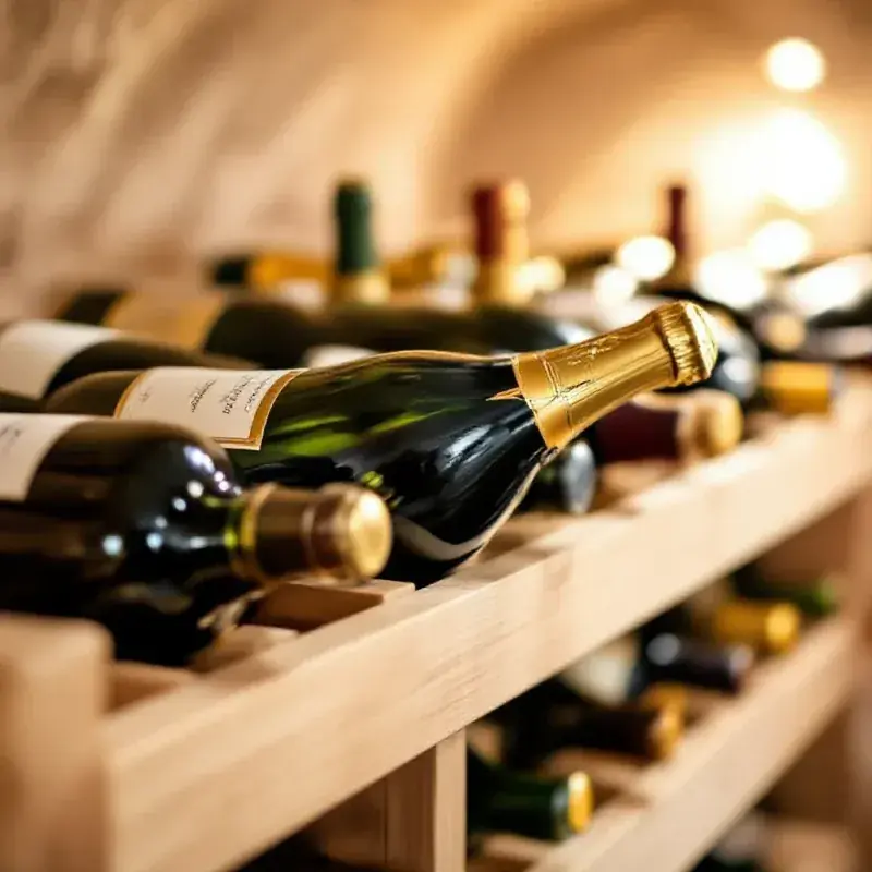 A pristine champagne bottle laid horizontally in a wooden wine