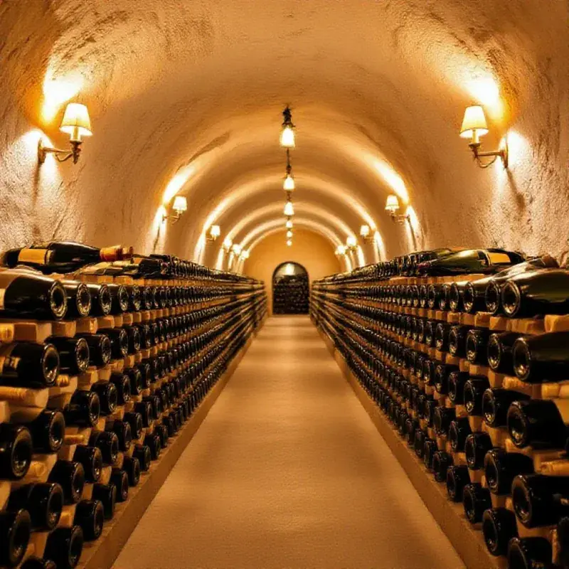 A long vaulted chalk cellar corridor lit by warm amber