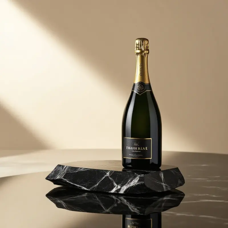 An ultra-modern champagne bottle with a sleek minimalist dark form