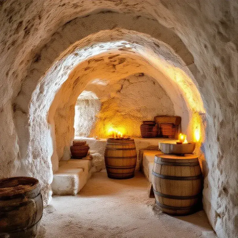 Ancient stone archway of a Roman-era wine cellar carved into