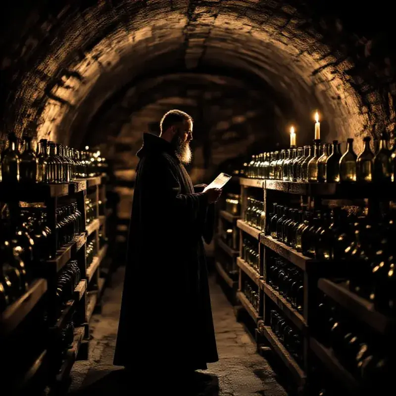 Benedictine monk in dark robes standing in a cellar surrounded