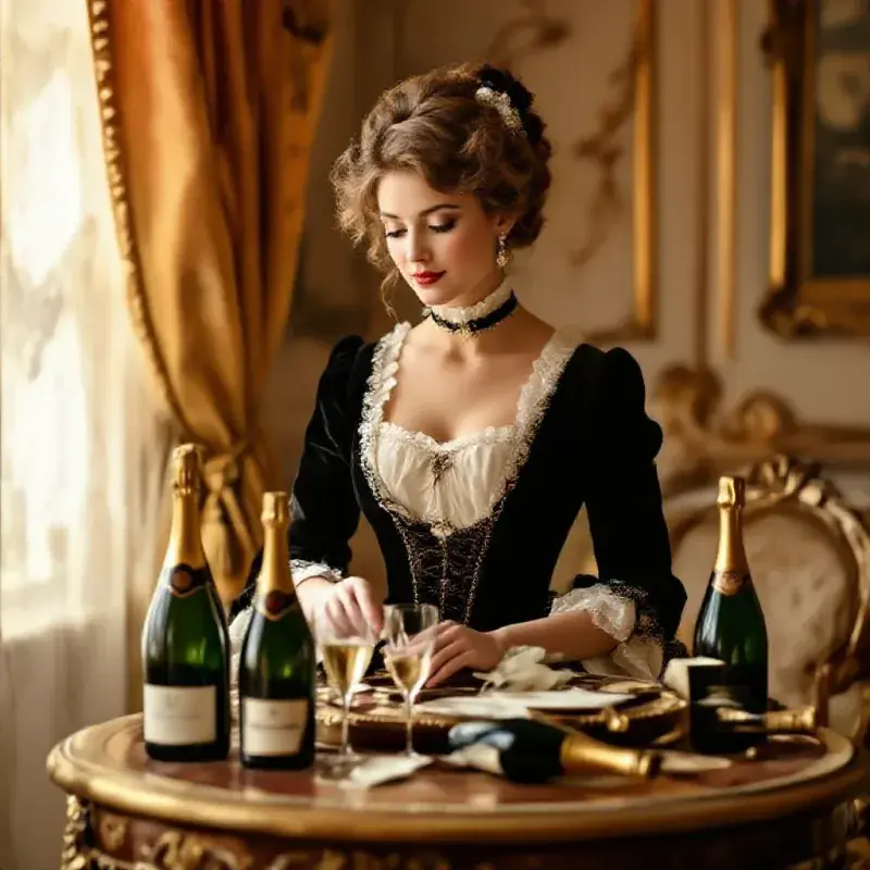 Elegant 19th-century woman in period dress examining a riddling table