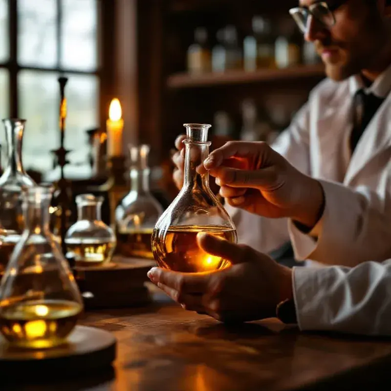Close-up of a scientist’s hands holding a glass flask filled