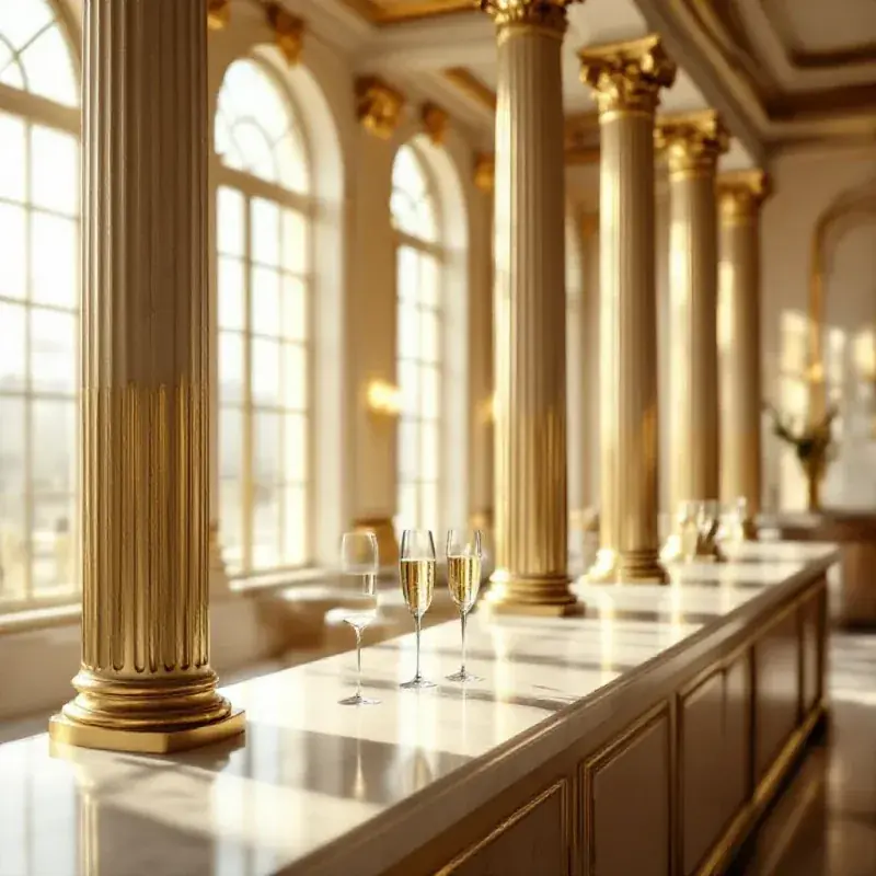 Art-deco champagne house interior with tall gilded pillars