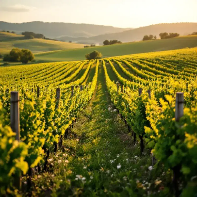 Sustainable vineyard in the Champagne region with wildflowers growing between