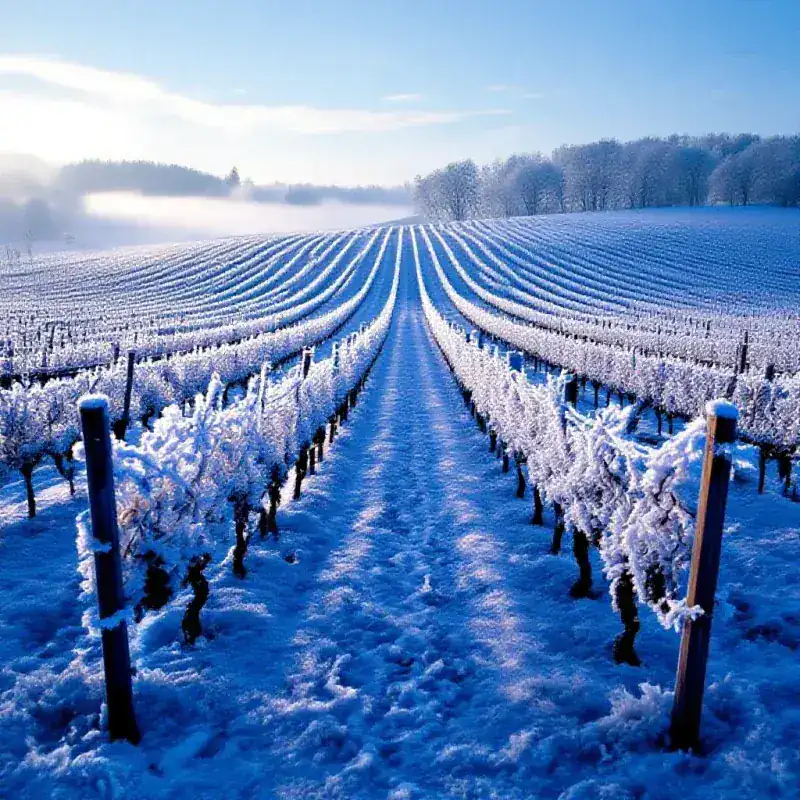 Champagne vineyard covered in morning frost