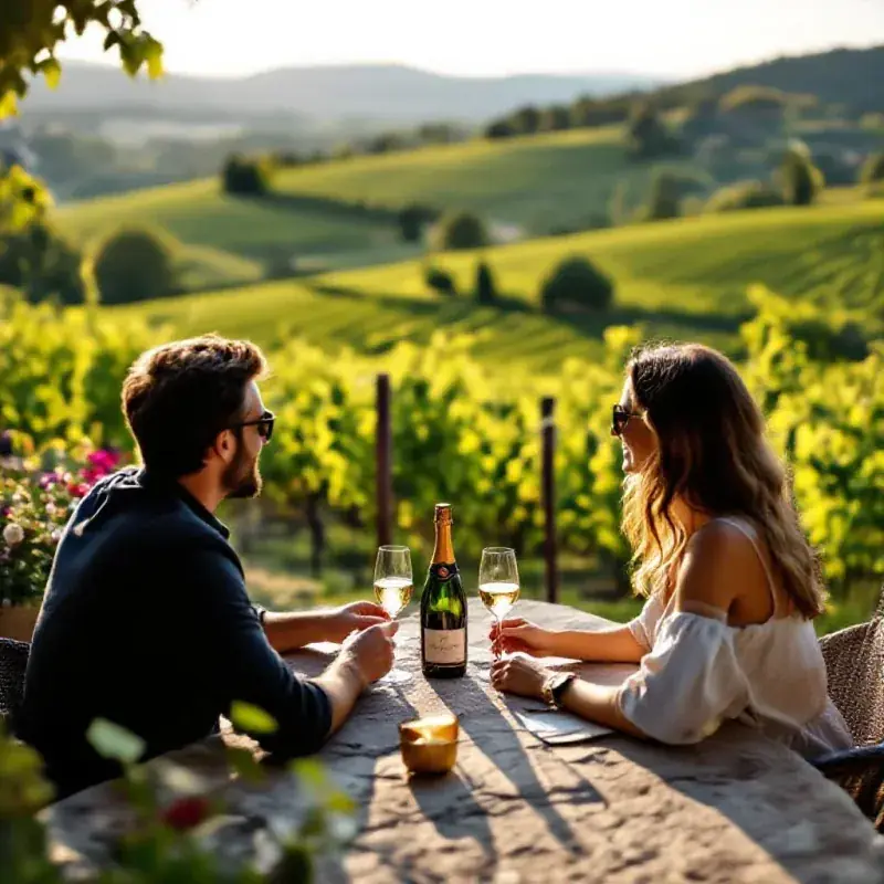 Outdoor champagne tasting at a vineyard terrace