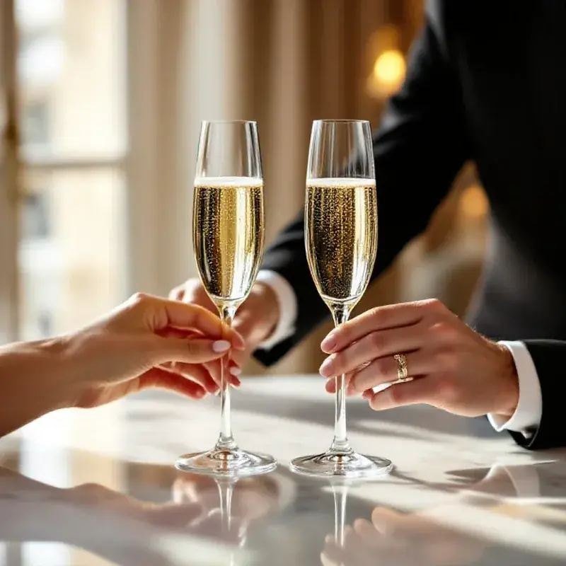 Elegant champagne tasting scene at a polished marble table