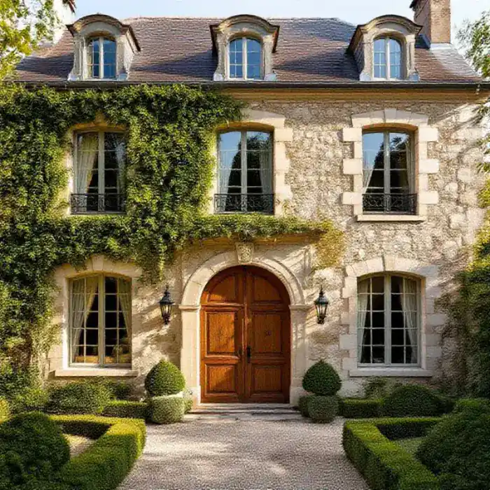 Historic stone champagne house facade with ivy-covered walls