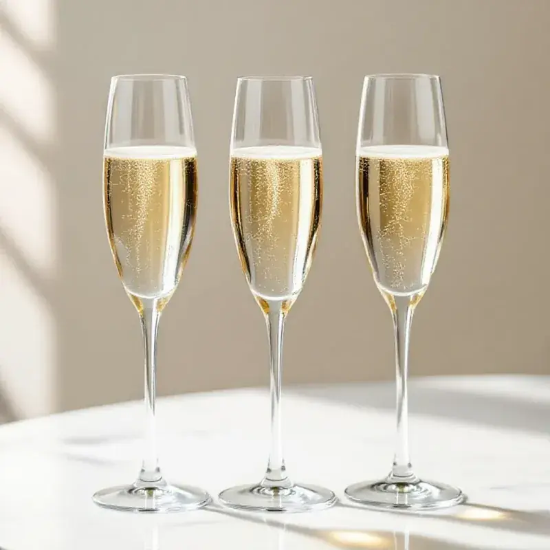 Three elegant champagne flutes side by side on a white