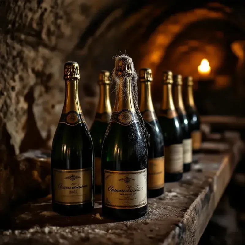 Dusty vintage champagne bottles lying horizontally in a dimly lit