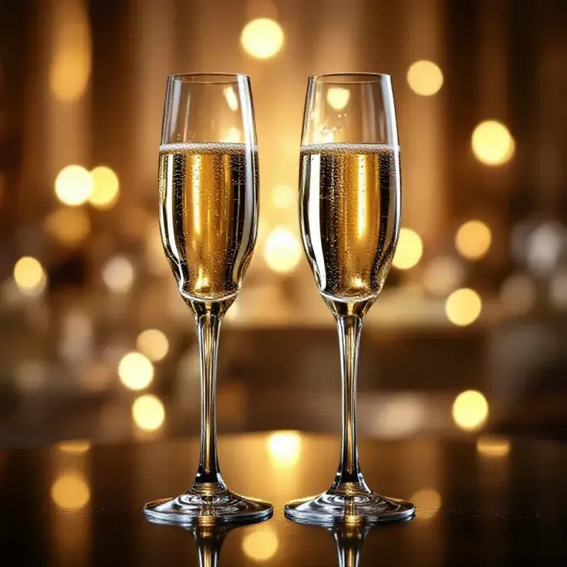 Two crystal champagne flutes filled with golden sparkling wine