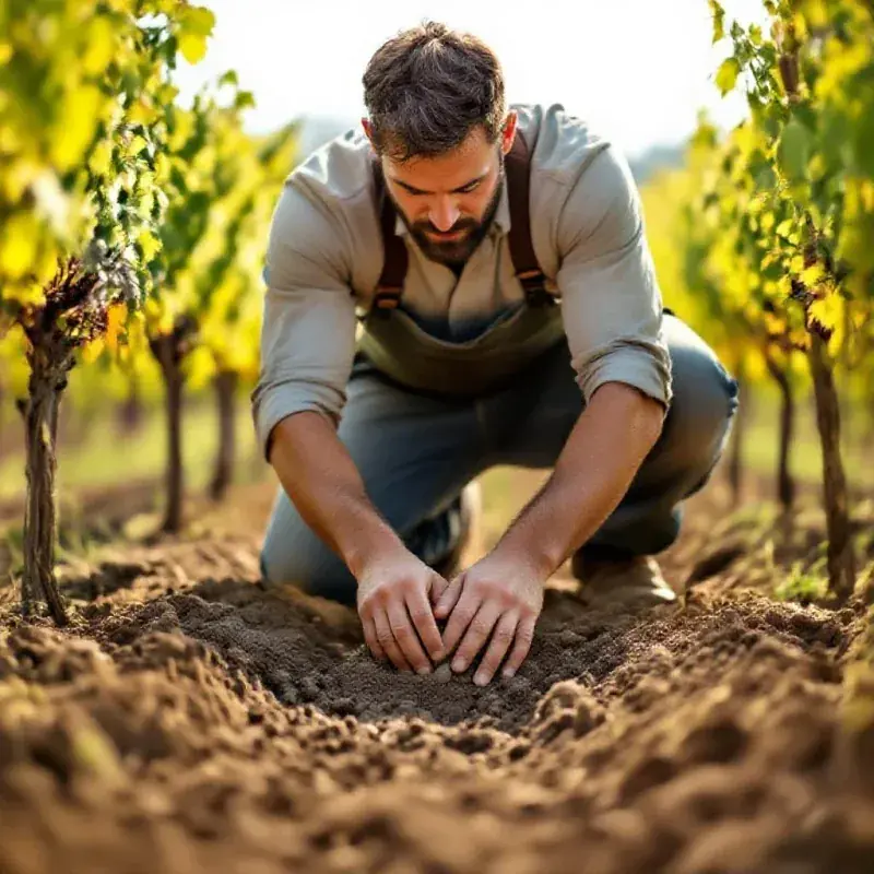 Independent winegrower kneeling in a vineyard carefully tending the soil