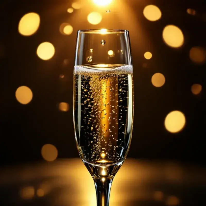 Macro close-up of champagne bubbles rising in a crystal flute