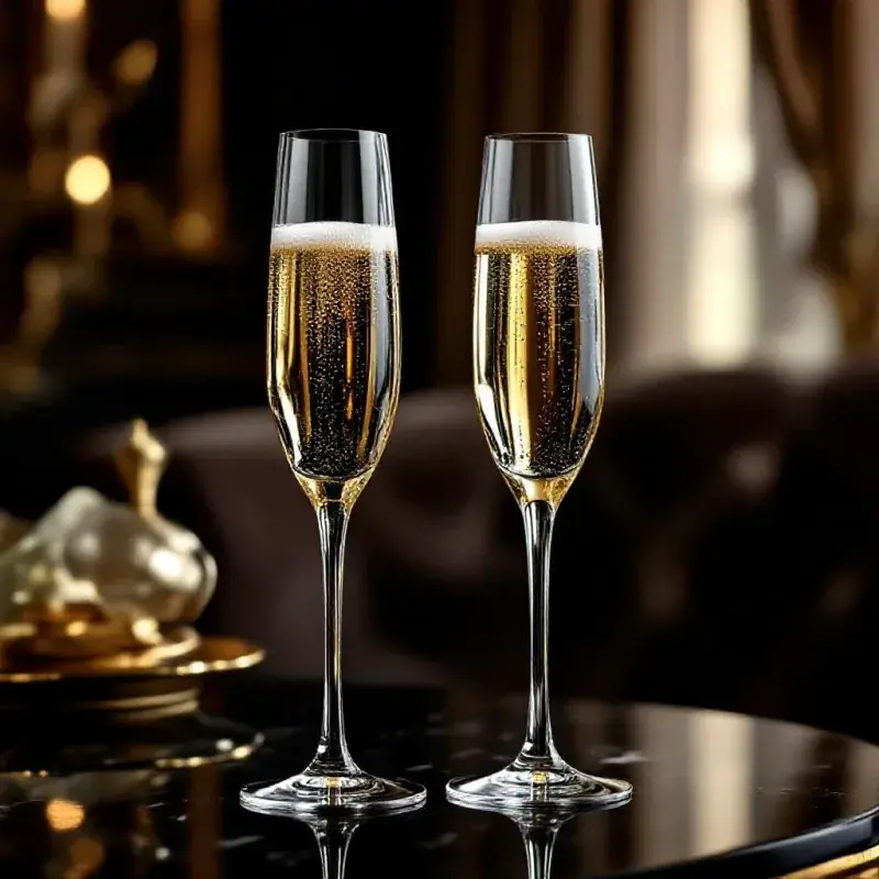 Two elegant champagne flutes on a polished obsidian surface
