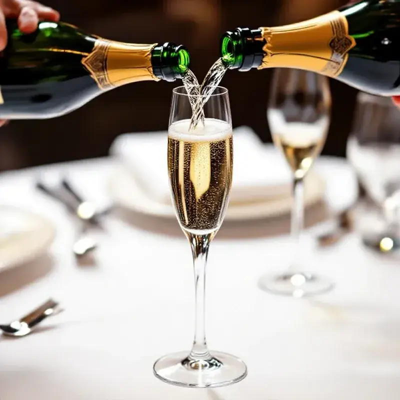 Champagne being poured into a tall crystal flute from an