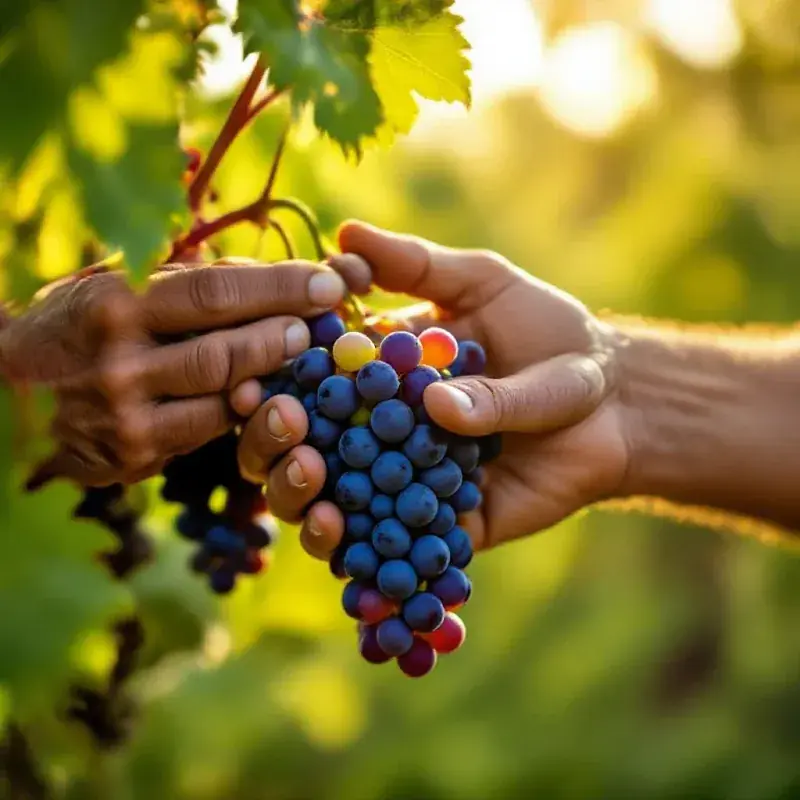 Close-up of a winemaker’s weathered hands gently holding a cluster