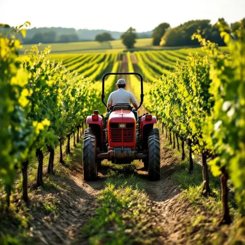 Vineyard worker on a small tractor driving between vine rows