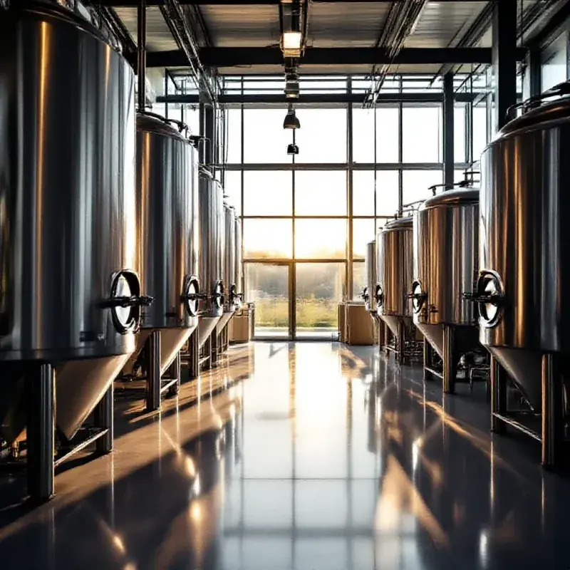 Modern champagne winery interior with gleaming stainless steel fermentation tanks