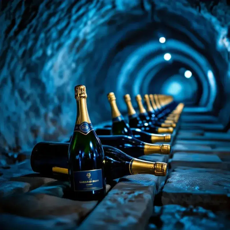 Champagne bottles resting horizontally on traditional stone laths in a