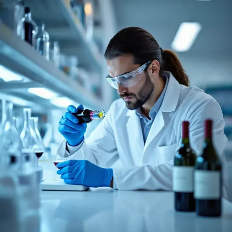 Oenologist in a white lab coat using a refractometer to