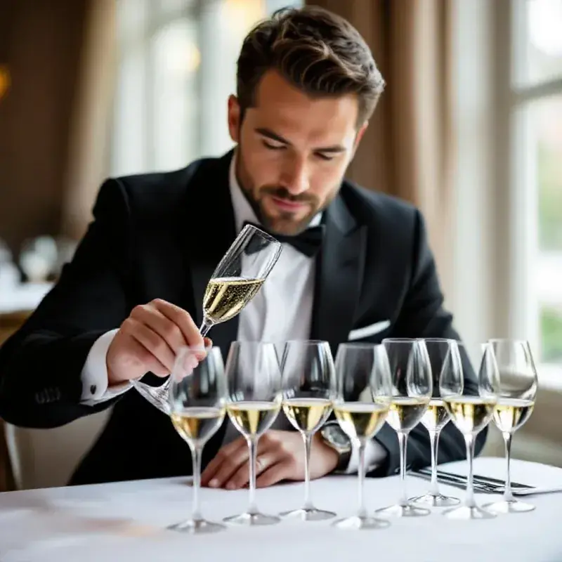 Expert sommelier conducting a professional champagne tasting with multiple flutes