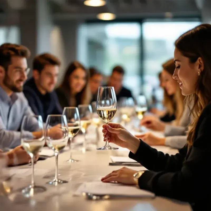 Young wine student in a training session carefully examining a