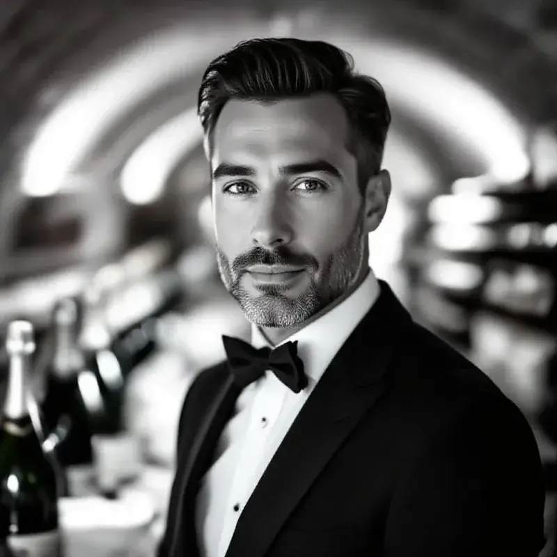 Portrait of a champagne sommelier in a cellar setting