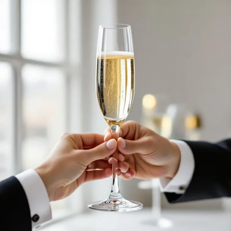 Crystal champagne flute held aloft by a sommelier’s hand