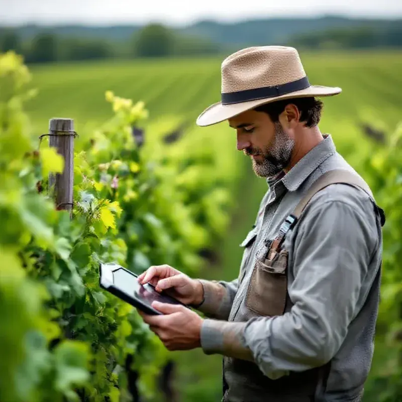 Vigneron using a digital tablet to analyze vine data in