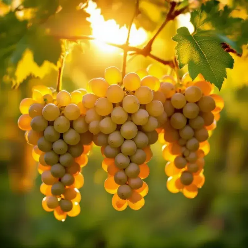 Ripe champagne grape clusters hanging heavily in summer sunshine