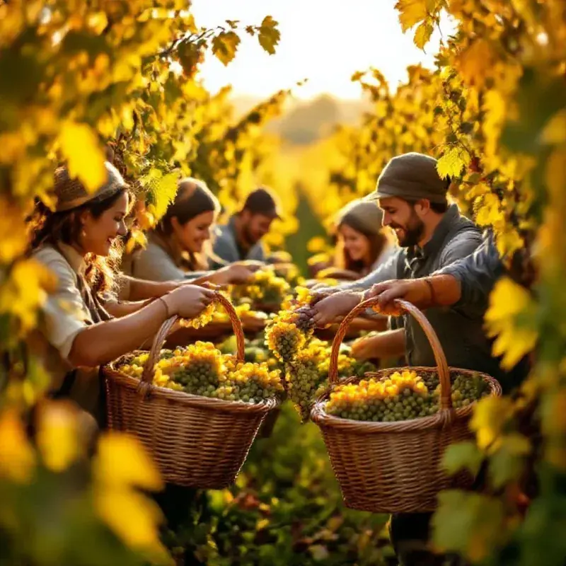 Champagne harvest picking team at work in autumn vineyard