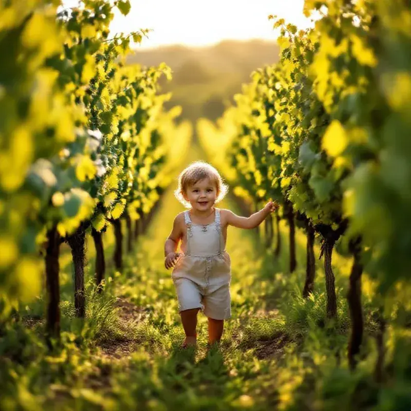 Young child playing between vine rows in a family champagne