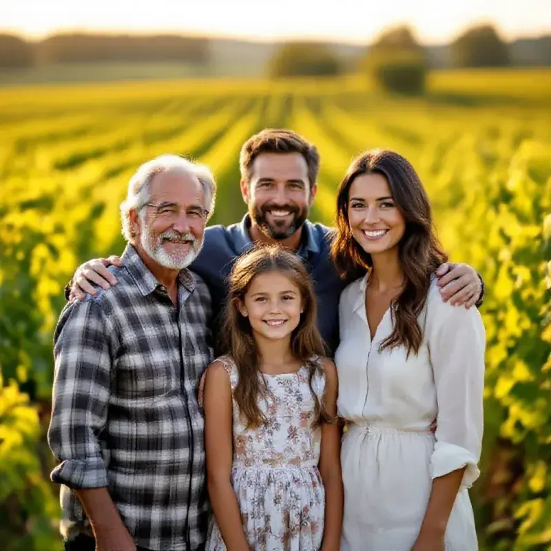 Three generations of a champagne winemaking family standing together in