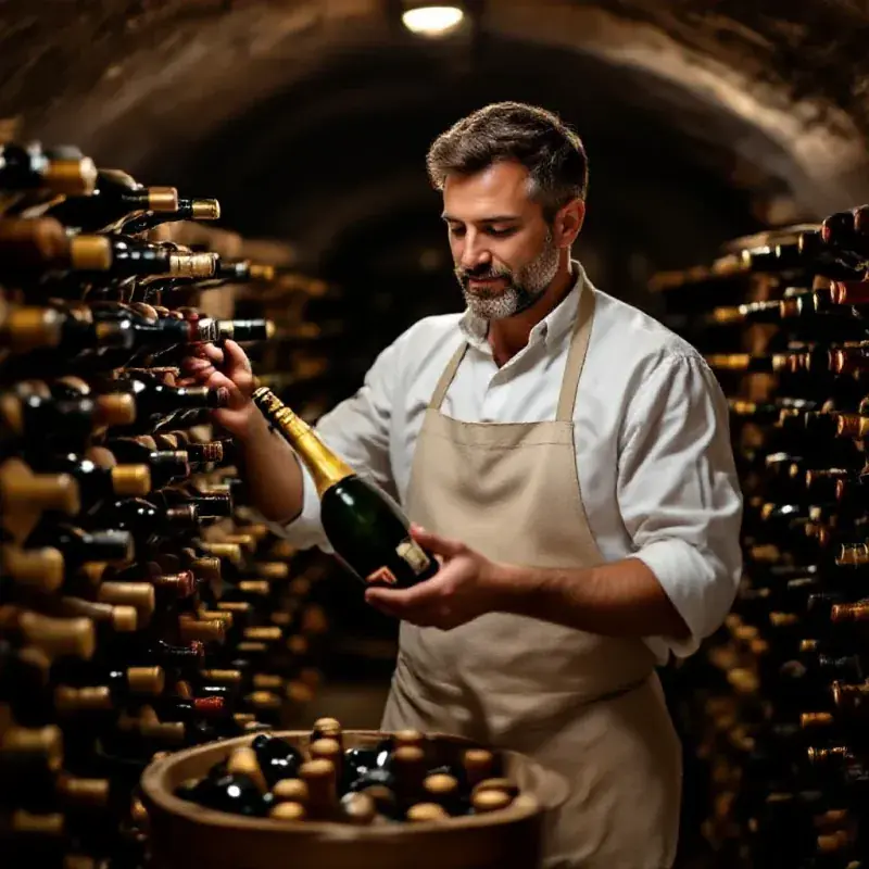 Traditional male champagne vigneron in his estate cellar among riddling