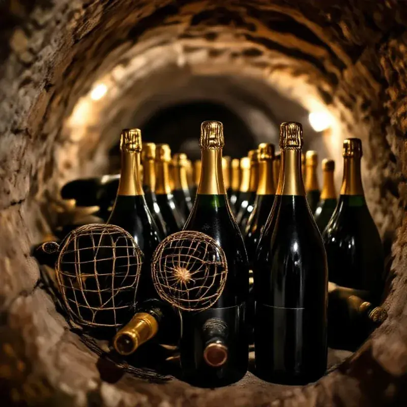 Row of dark champagne bottles aging in a stone cellar