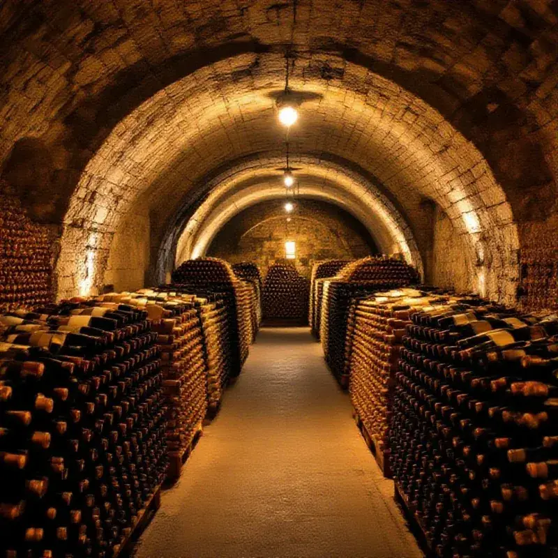 Prestigious champagne cellar with hundreds of bottles aging in riddling
