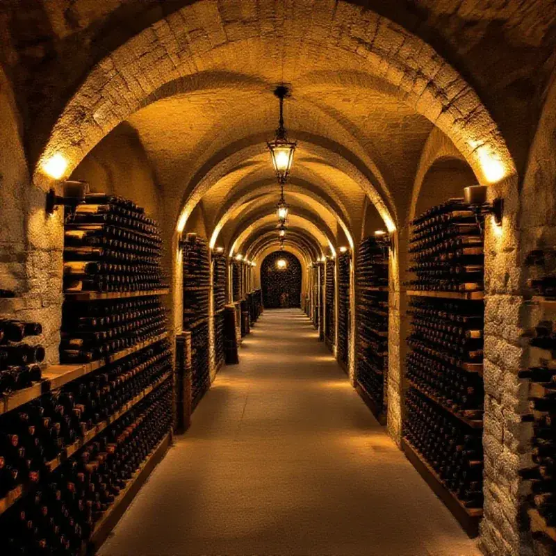 Dramatic champagne cellar corridor at night