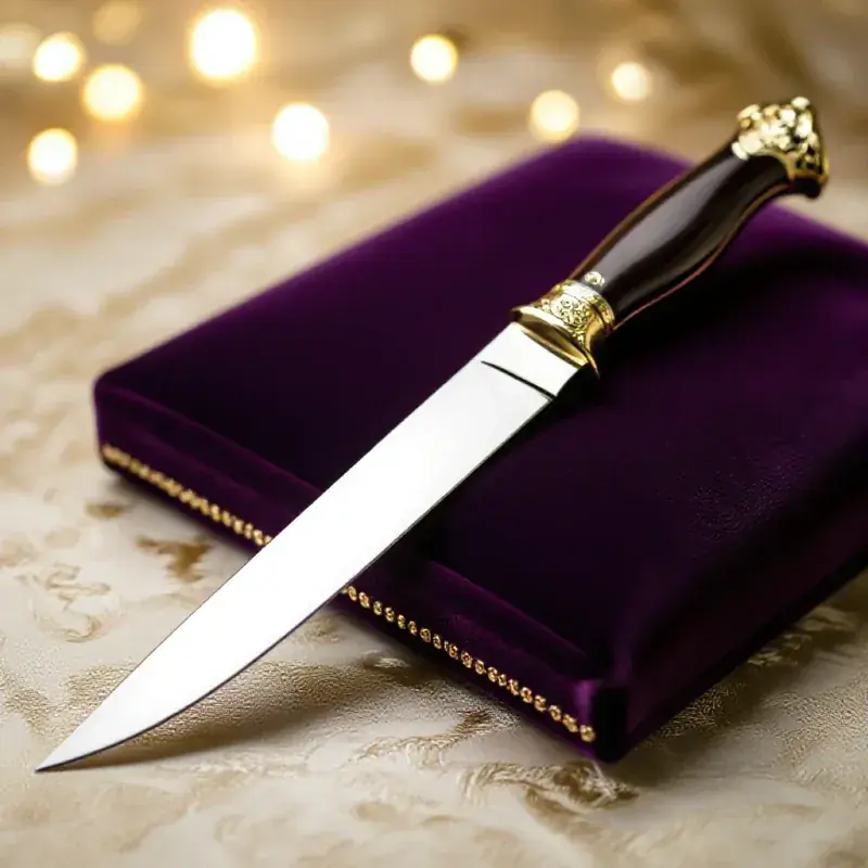 Elegant saber or champagne knife lying on a velvet cushion