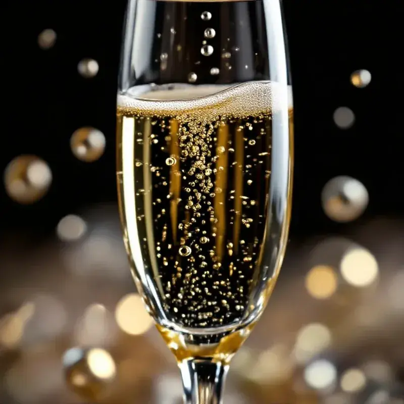 Extreme macro close-up of champagne bubbles inside a crystal flute