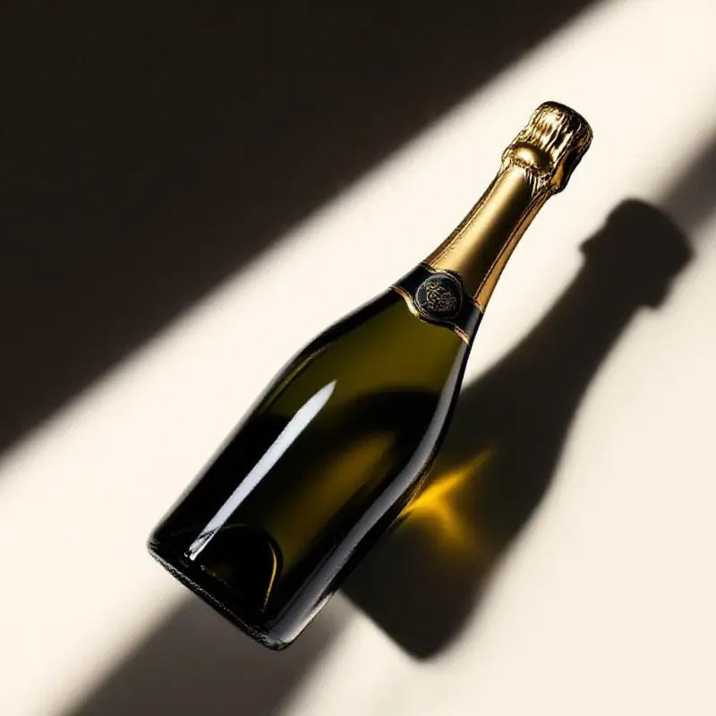 Dark champagne bottle standing upright on a plain surface